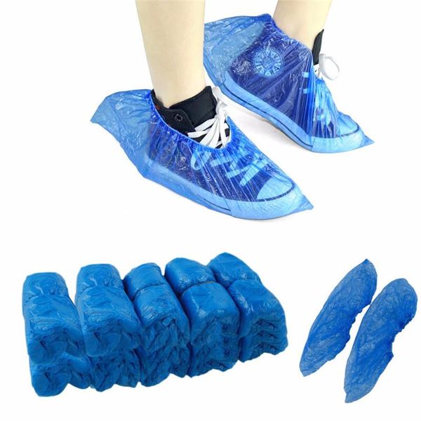 100 disposable blue plastic shoe covers for carpet cleaning, waterproof overshoes for outdoor and home use