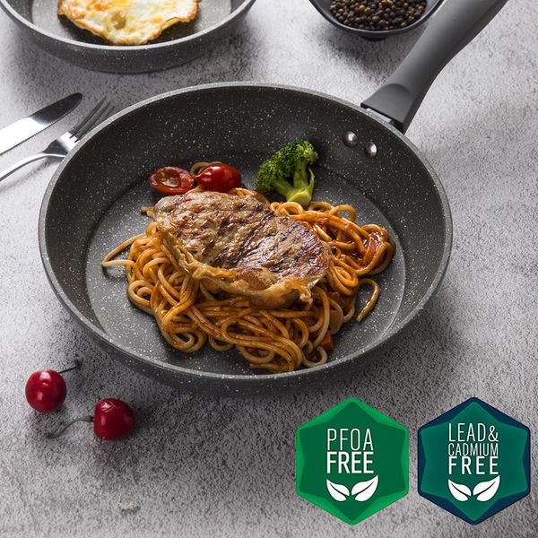 100% PFOA-free nonstick frying pan with 5-layer stone-derived coating, soft handle, aluminum construction, and dishwasher-safe design