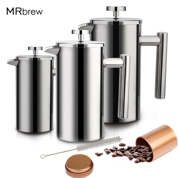 1000/800/350ml double-walled insulated stainless steel teapot with built-in coffee bean storage, also functions as a French press and kettle
