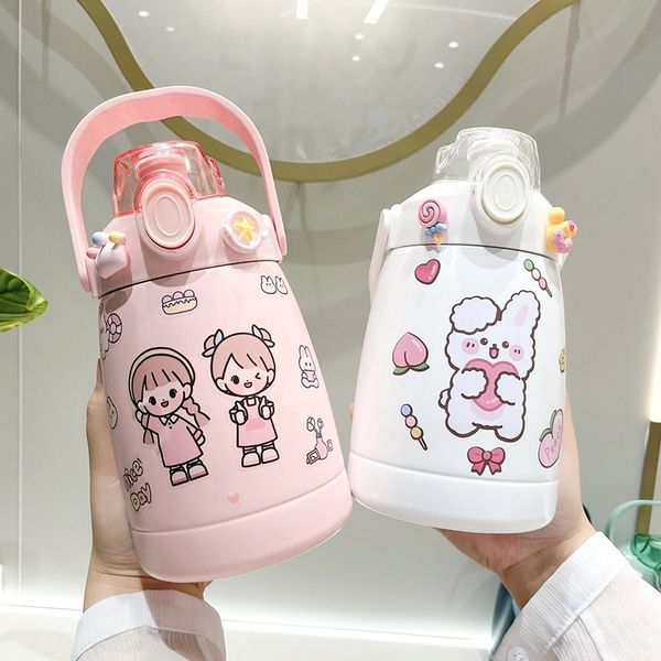 1000ml cute pastel sticker thermos with straw, stainless steel insulated water bottle for school girls