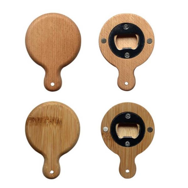 100Pcs Pan Shape Bamboo Wooden Bottle Openers with Handle Coasters and Fridge Magnets for Beer Bottles, Custom Engraving Available