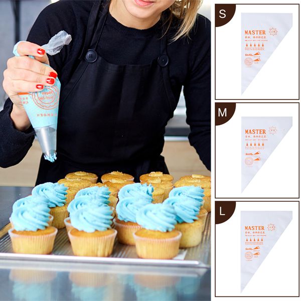 100-piece disposable pastry bags in small, medium, and large sizes for cake decorating with icing and fondant