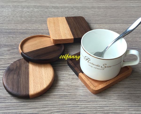100-piece fast shipping solid wood coffee coasters, beech and black walnut spliced drink pads for heat insulation