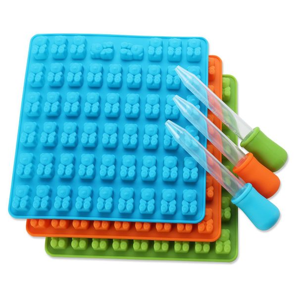 100-piece silicone mold for gummy bears, chocolates, candies, and ice cubes, featuring 53/50 cavities and including a free dropper