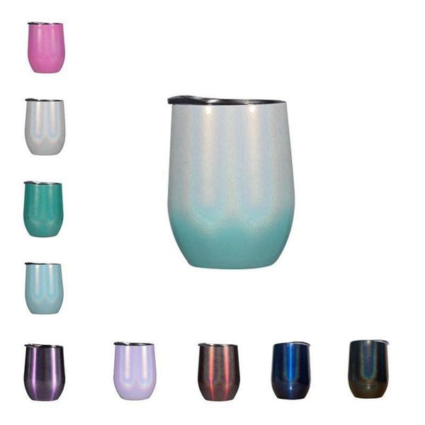 10oz glitter wine tumbler with lids and straws, stainless steel rainbow egg-shaped mug, double-layer vacuum insulated, 2021 new design