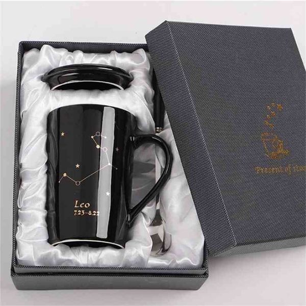 12 creative zodiac-themed ceramic mugs with spoons and lids in black and gold, 400ML capacity for coffee or milk
