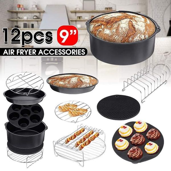 12-piece air fryer accessories set for 5.2-6.8QT models including 9-inch baking basket, pizza plate, and grill pot