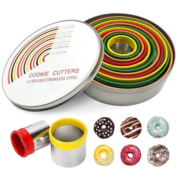 12-piece set of 304 stainless steel round pastry cutters for cookies, biscuits, donuts, and baking