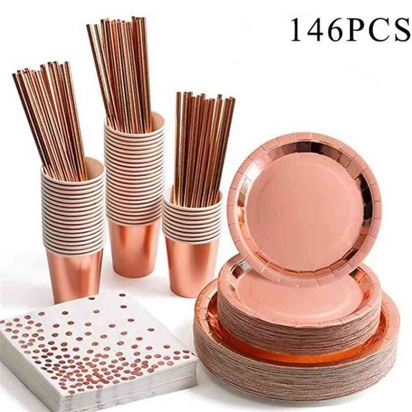 146-piece disposable rose gold champagne tableware set for parties, weddings, and birthdays, including cups, plates, and straws