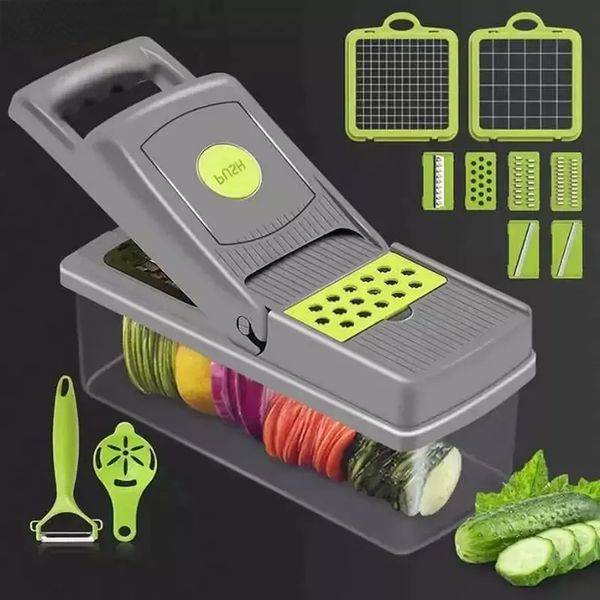 14-piece versatile vegetable cutter set with mandoline slicer, potato peeler, carrot grater, and basket slicer for kitchen use