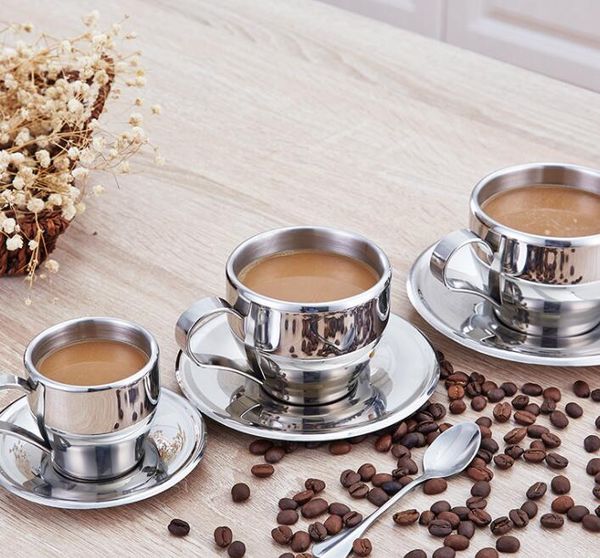 160ml stainless steel coffee and tea set featuring a double-layered espresso mug with a matching dish and spoon