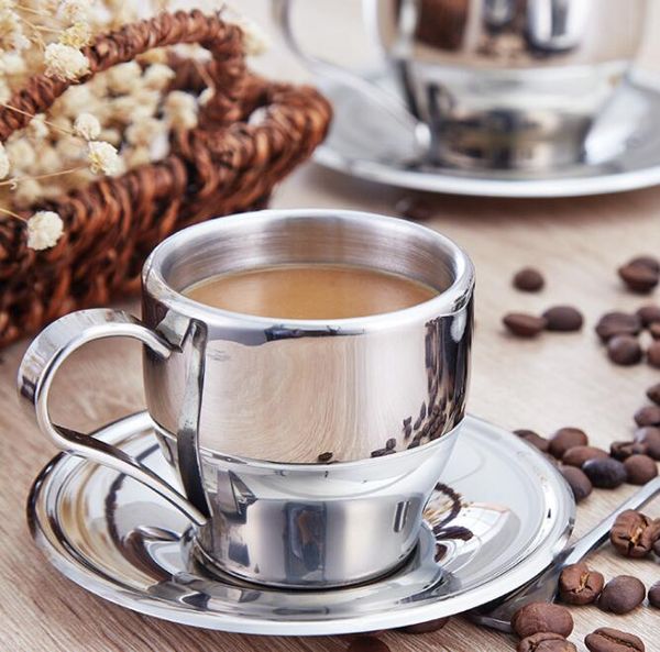 160ml stainless steel coffee and tea set featuring double-layer mugs, espresso cups, milk cups, dishes, and spoons