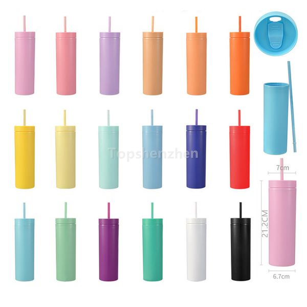 16oz acrylic reusable mugs with double-wall insulation in soft pastel matte colors, featuring spill-proof lids for hot and cold drinks