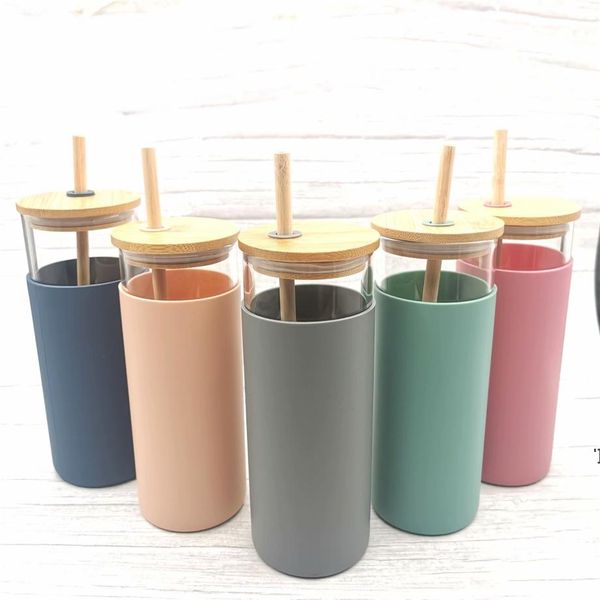 16oz eco-friendly glass tumbler with bamboo lid, silicone sleeve, and straw for juice or wine