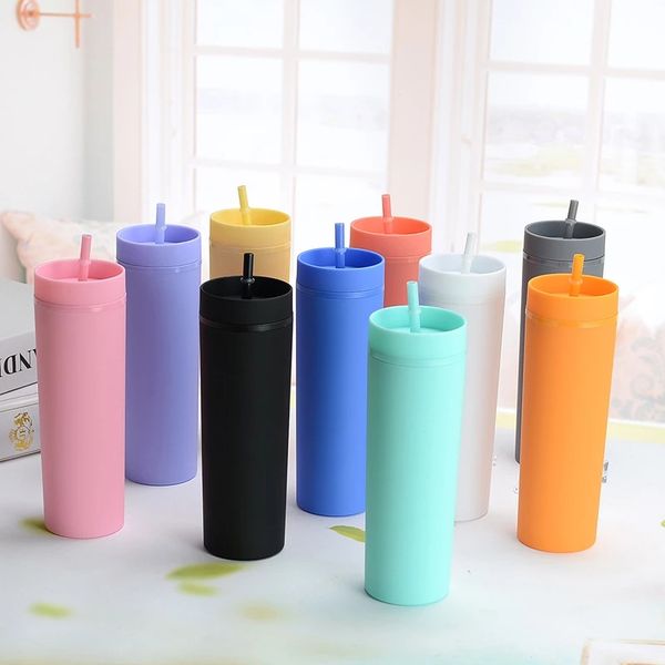16oz matte frosted plastic tumbler with straw and lid, ideal for coffee or water on the go