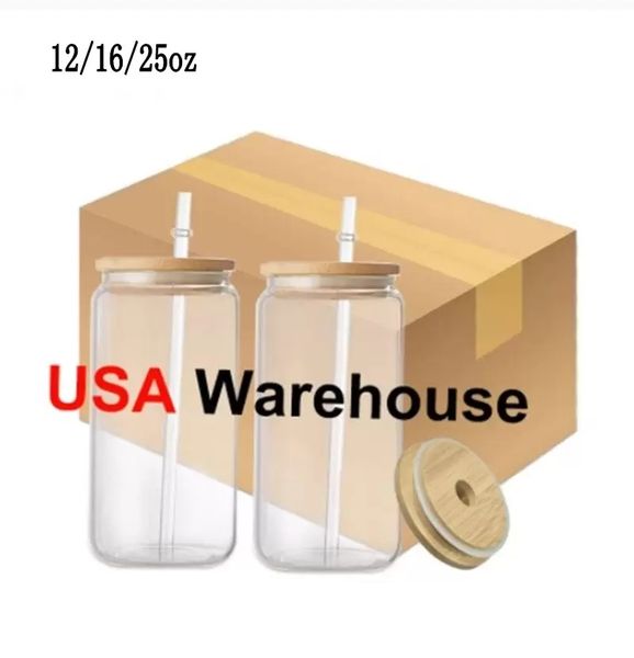 16oz sublimation glass mugs and water bottles, beer can tumblers, and drinking glasses featuring bamboo lids and reusable straws for iced coffee