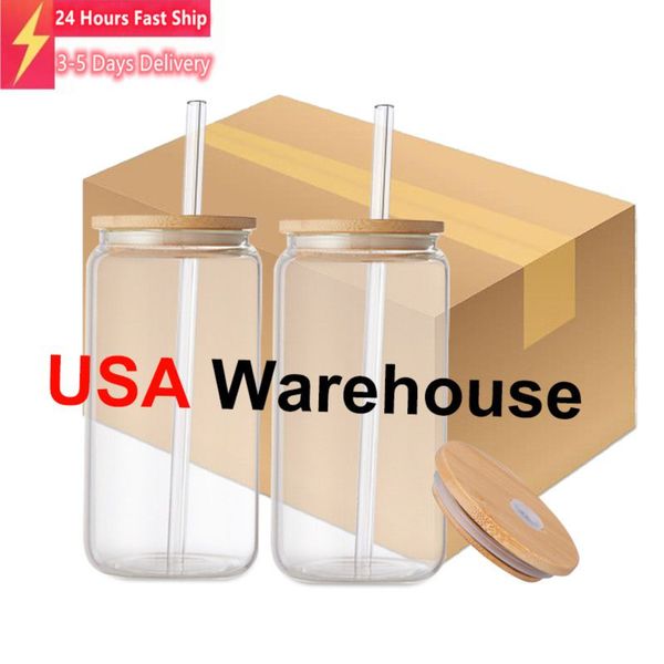 16oz sublimation glass mugs featuring clear cola can tumblers, bamboo lids, reusable straws, perfect for beer, cocktails, whiskey, coffee, or iced tea