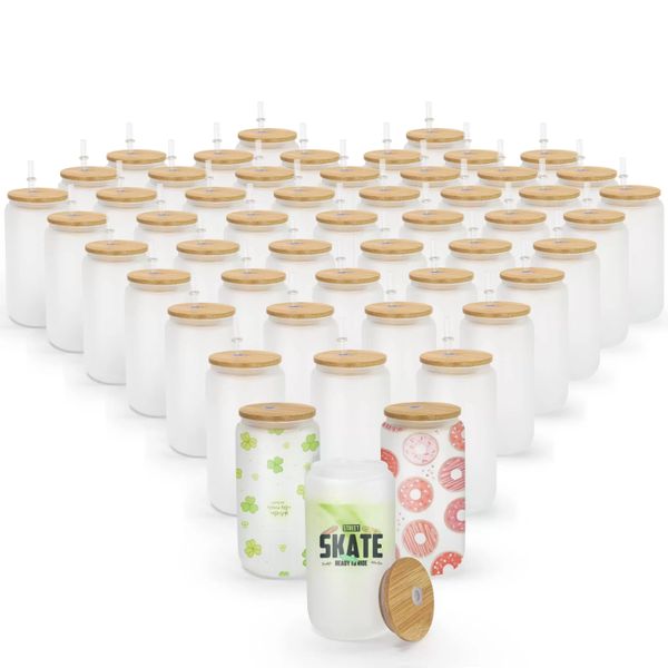 16oz sublimation glass water bottles featuring bamboo lids and reusable straws, transparent tumblers resembling beer and soda cans