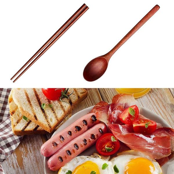 16-piece reusable wooden chopsticks and flatware set with long handles for dining
