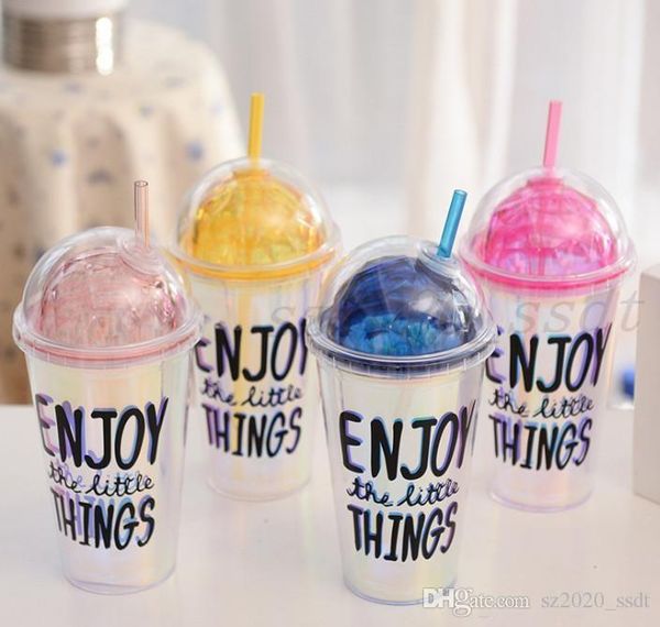 17oz double-layer laser-printed transparent plastic juice cup with included straw, customizable logo available