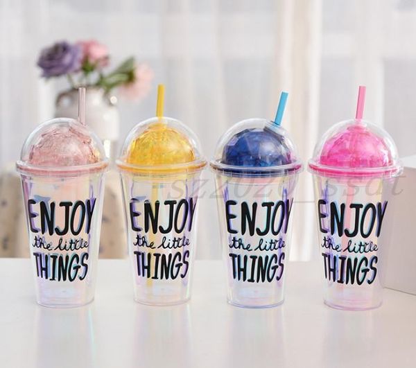 17oz double-layer laser-printed transparent plastic juice cup with included straw, customizable logo available