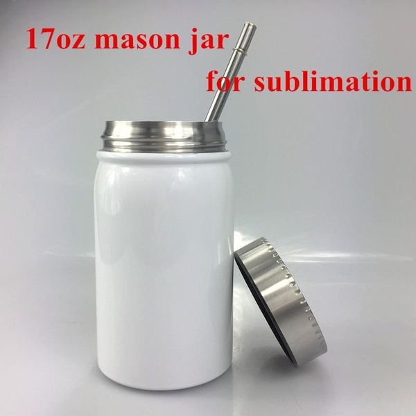 17oz stainless steel vacuum-insulated mason jar mug with sublimation design, lid and straw for hot/cold beverages