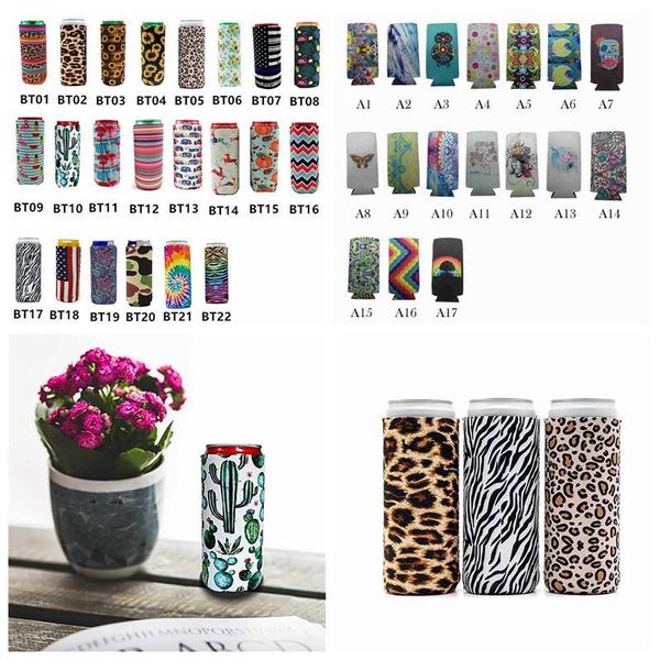17x8.5cm slim neoprene can coolers for beverages like beer and cola, featuring collapsible cactus and leopard designs