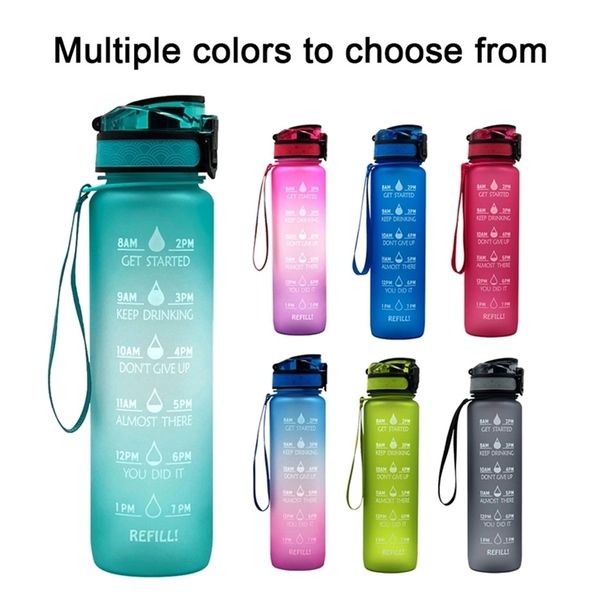 1L plastic sports water bottle with time markers and gradient design for gym and outdoor use