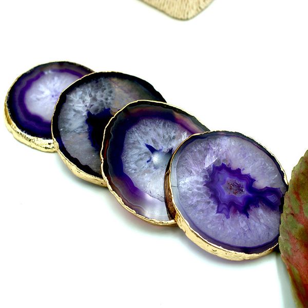 1pcs Blue Agate Slice Coaster with Gold Trim for Tea Cup and Home Decoration