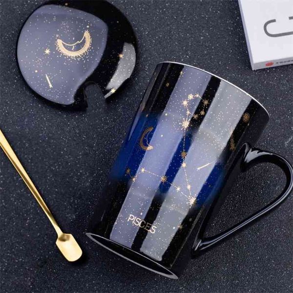 1pcs Creative Zodiac Ceramic Mug with Gold Starry Sky Design, Spoon Lid for Milk or Coffee, 12 Constellations Drinkware 210804