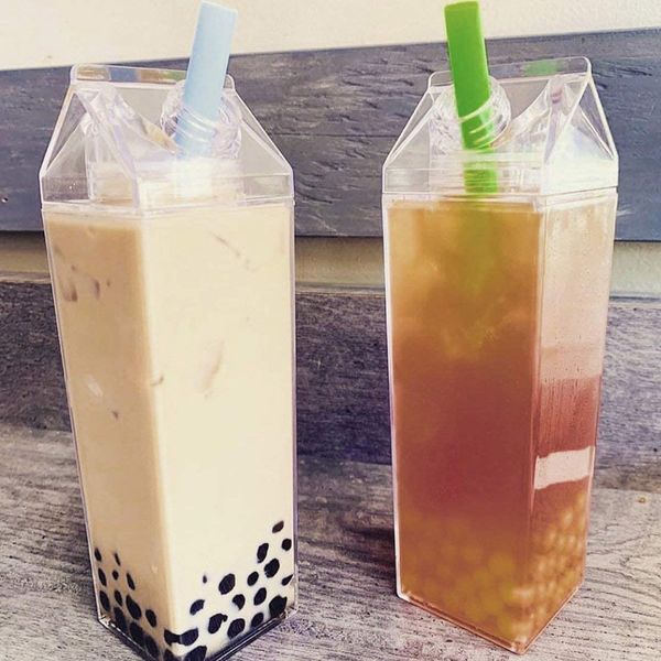 1PCS stylish transparent water bottle designed as a milk carton, ideal for juice or coffee drinks