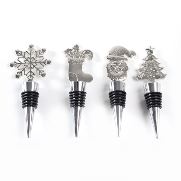 200pcs new Santa Claus wine stoppers in zinc alloy, featuring Christmas tree designs for sealing wine bottles, ideal as festive gifts