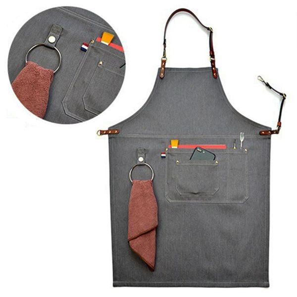 2019 Senior Denim Cowboy BBQ Apron with Leather Straps for Men and Women in Barber, Cooking, Restaurant, and Waitress Roles