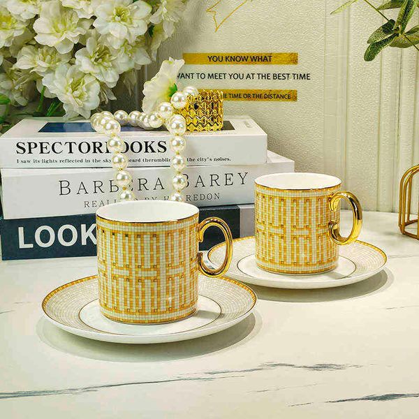 2024 New Luxury Mosaic Coffee Set with Gold Handle - 2pc Ceramic Cappuccino Tea Cup Collection