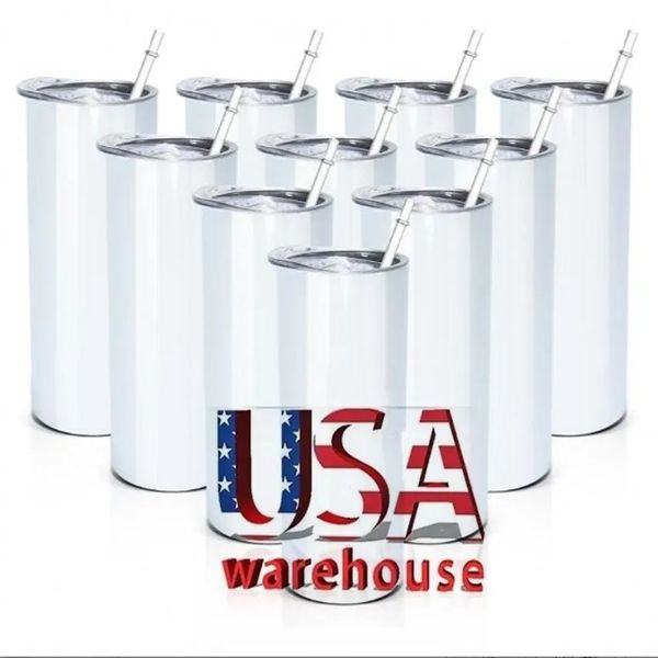 20oz blank sublimation tumblers with plastic lids and straws, insulated stainless steel mugs for hot printing, free shipping in USA/CA