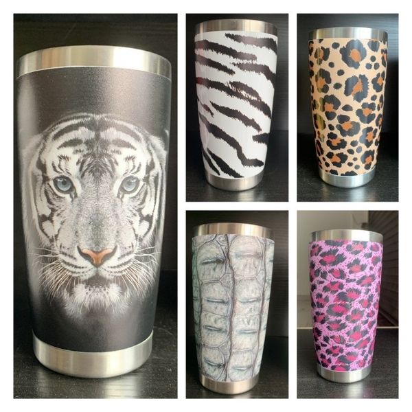 20oz stainless steel leopard print tumbler with double wall insulation for hot or cold drinks
