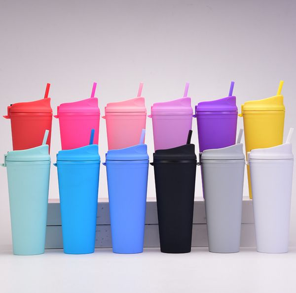 22OZ frosted large-capacity double-layer plastic straw coffee mug with customizable logos and multiple style options