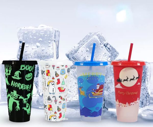 24oz/710ml holiday mug with color-changing feature for cold drinks, fruit tea, made of temperature-sensitive PP plastic