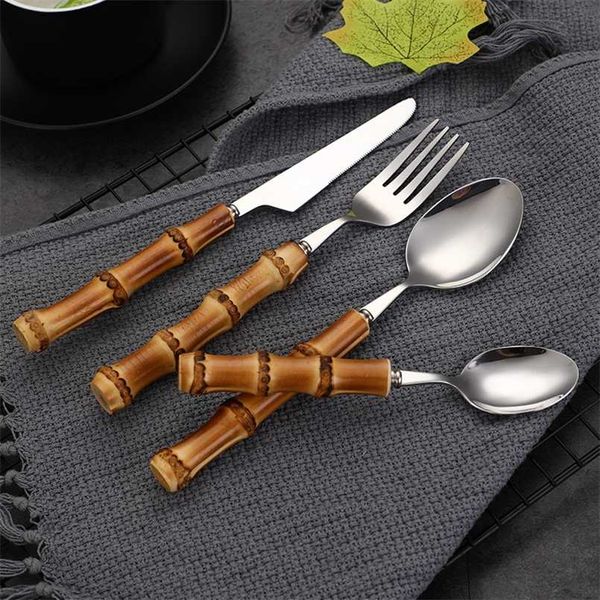 24-piece and 16-piece elegant bamboo-handled stainless steel cutlery sets for stylish dining and kitchen use