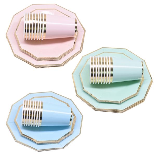 24-piece green, pink, blue disposable tableware set with gold decor for weddings, birthdays, and baby showers