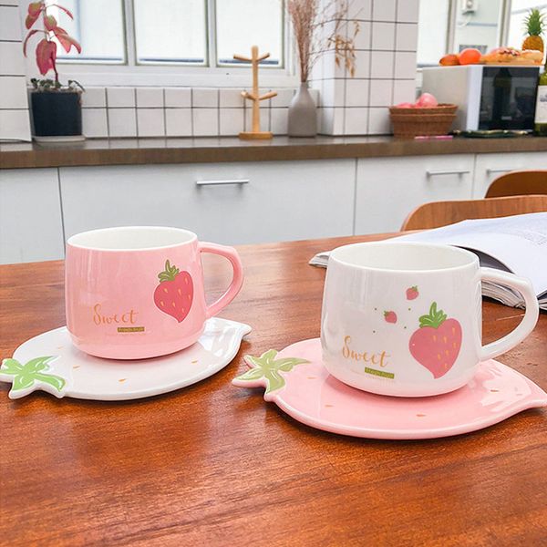 250ml cute cartoon strawberry coffee mug with floral design and tray, perfect gift for girlfriend