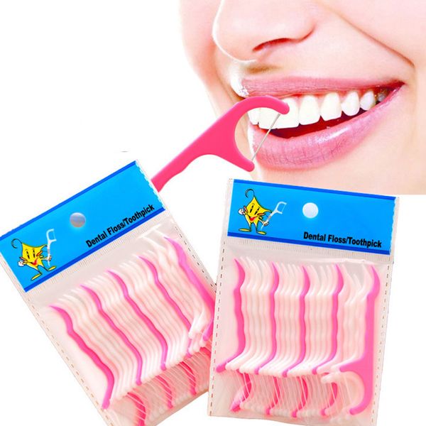 25pcs/lot plastic toothpicks with cotton floss for oral hygiene and table accessories in convenient bag packaging