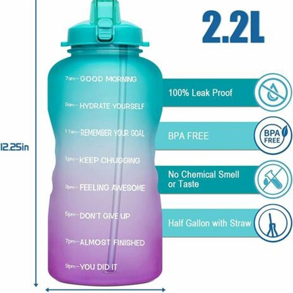 2L BPA-free sports water bottle with time marker, leakproof straw, ideal for outdoor use