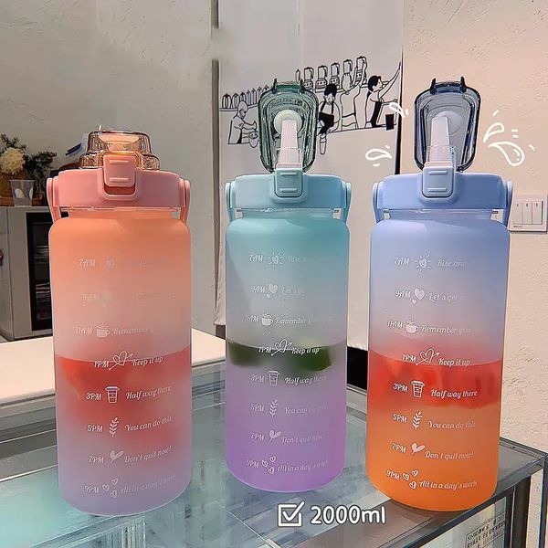 2L large-capacity straw water bottle, heat-resistant plastic cup with time markings, frosted design for outdoor sports, ideal for students and couples