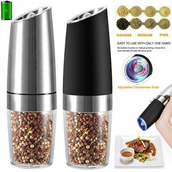2-piece electric auto grinder for pepper, salt, and spices with stainless steel gravity sensor, adjustable coarseness