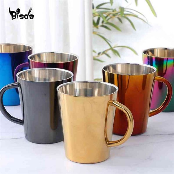 300ml stainless steel travel mug with handle, double-wall rainbow design for milk or tea