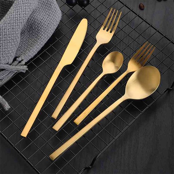 30-piece gold-tone stainless steel cutlery set with matte finish, including knives, forks, and coffee spoons, dishwasher-safe dining utensils