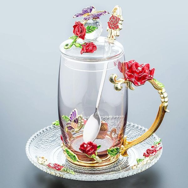 320/350ML Elegant Enamel Cup, Glassware Set, Floral Tea Cup, Crystal Coffee Mug, Beer Glass, Wedding Gift for Couples 210326