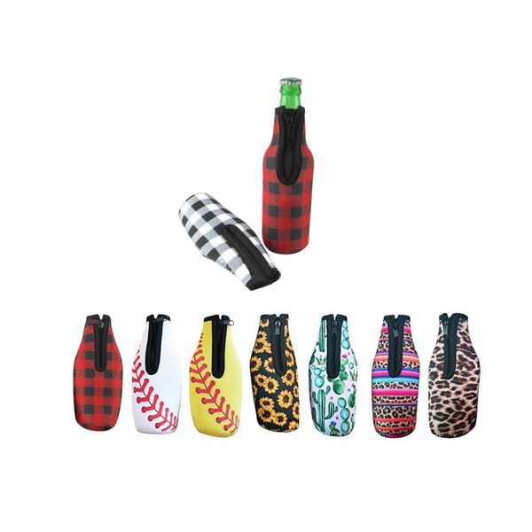 330ml 12 oz zippered neoprene beer bottle cooler with sunflower softball design