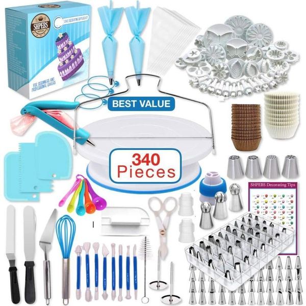 340-piece baking tool set with cake decorating nozzles, Russian piping tips, non-slip turntable, fondant molds, and kitchen accessories